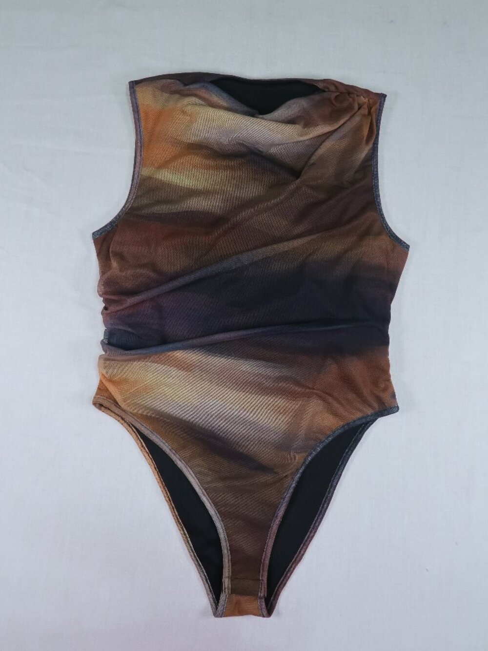 SHEIN Brown Abstract Mesh Bodysuit L Ruched Y2K Going Out Top